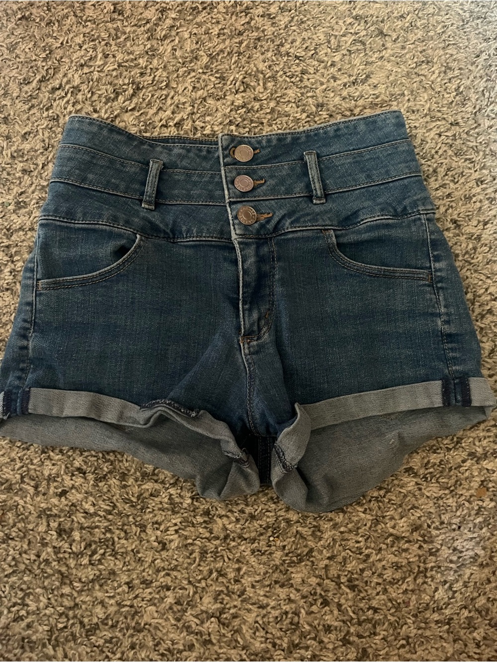 Garage Dark Blue High-Rise Triple-Button Jean Shorts